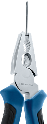 Klešče, ki oprijemajo dolg kovinski žebelj z modrimi in črnimi ročaji.